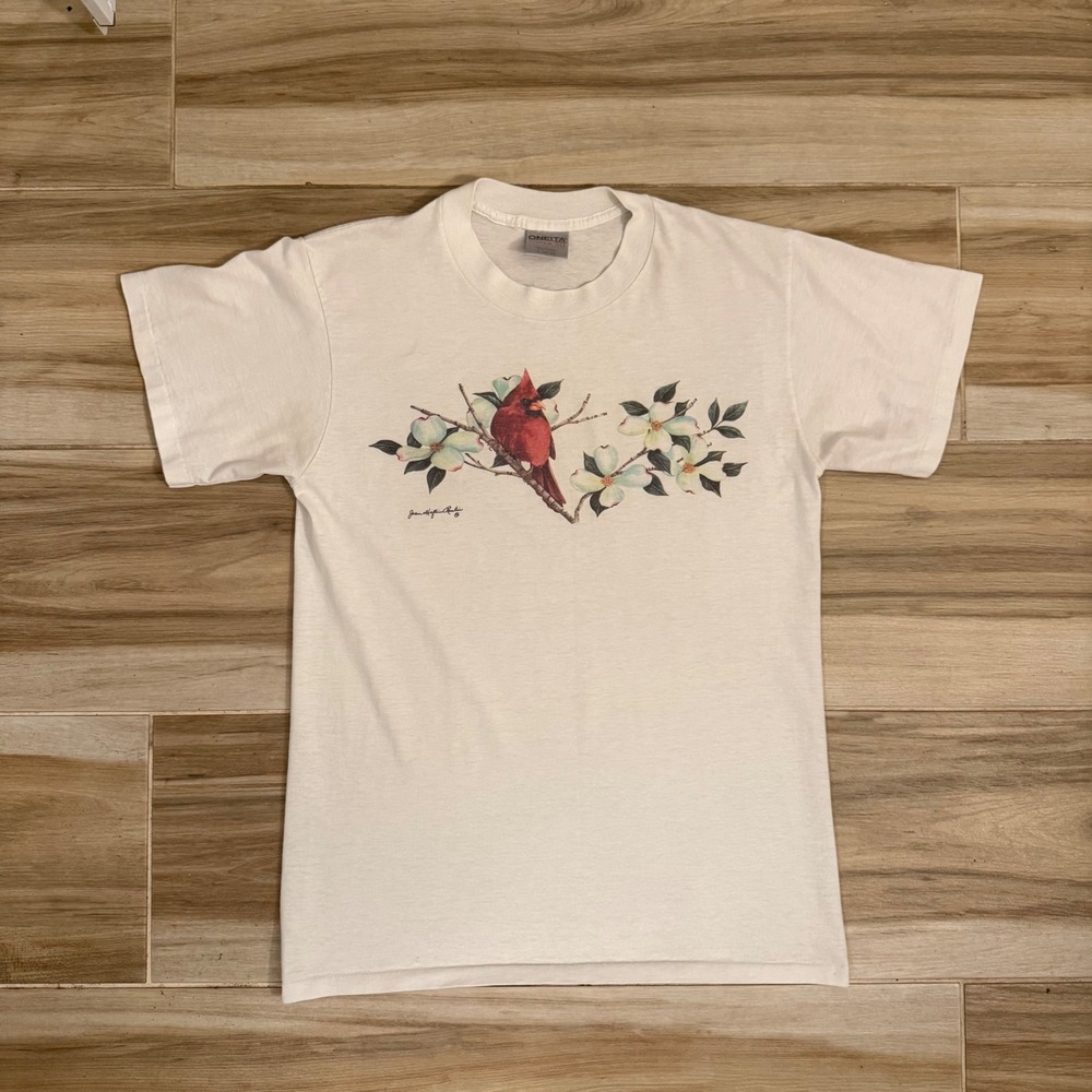 Vintage Oneita Power 50 Cardinal Bird Graphic T-Shirt White Joan Haflin Rankin L
